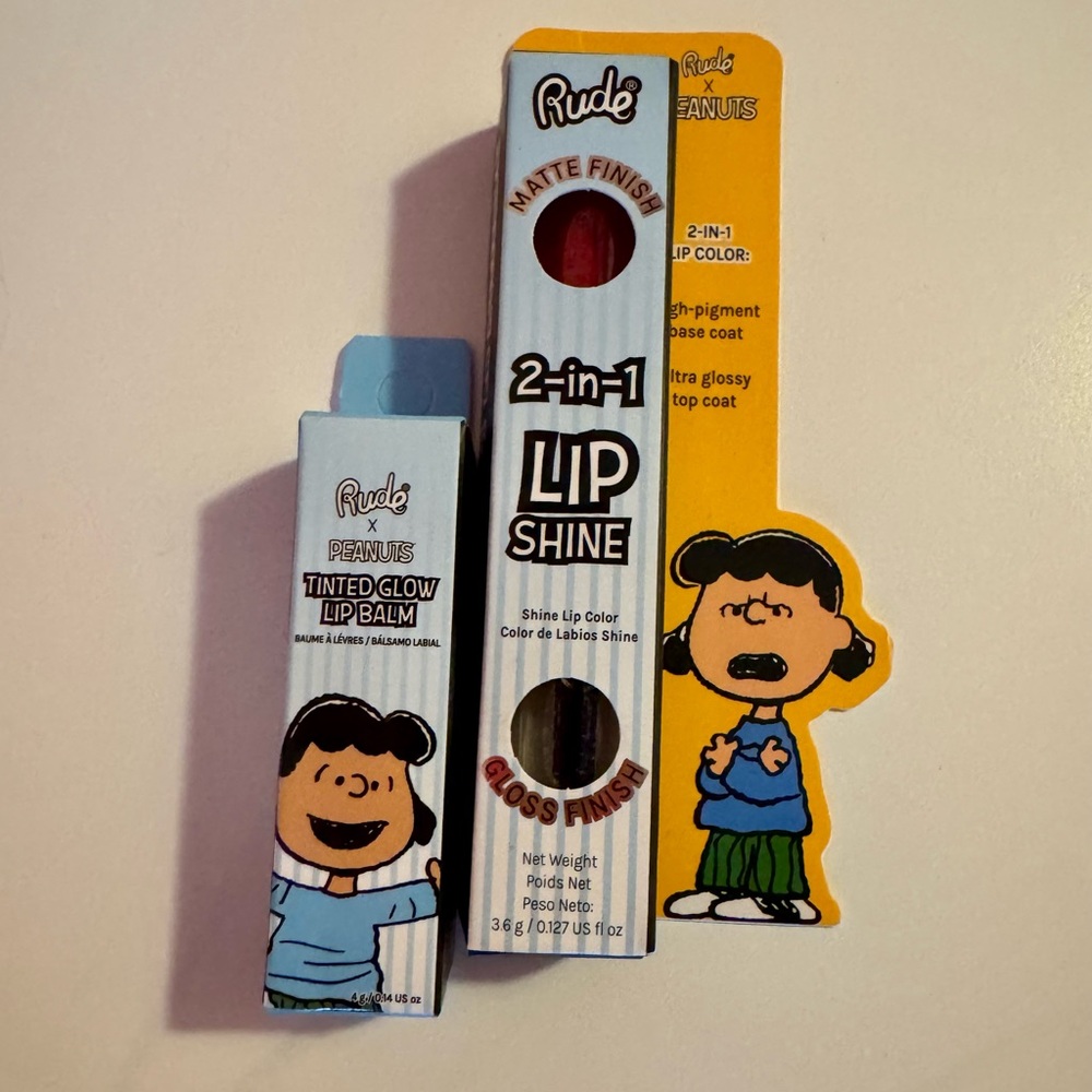 Peanuts x Rude Cosmetics Lucy Tinted Glow Lip Balm and Crabby Lip Shine NWT